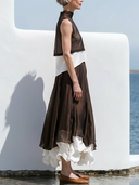Women Two Piece Outfit Sheer Chiffon Sleeveless Turtleneck Crop Top & Satin Acetic Acid Irregular Layered Maxi Skirt Vacation Set ZMZ0140G2YZH
