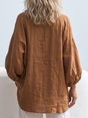 Women Premium Cotton Linen Oversized Blouse Drawstring Collar Lantern Sleeve Loose Vacation Tunic Top ZMZ0285G2YZH