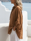 Women Premium Cotton Linen Oversized Blouse Drawstring Collar Lantern Sleeve Loose Vacation Tunic Top ZMZ0285G2YZH