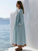 Women Premium Cotton Linen Accordion Pleated Front Maxi Dress Stand Collar Long Sleeve Pocket Contrast Hem Loose Vacation Caftan Dress ZMZ0116G5YZH