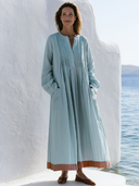 Women Premium Cotton Linen Accordion Pleated Front Maxi Dress Stand Collar Long Sleeve Pocket Contrast Hem Loose Vacation Caftan Dress ZMZ0116G5YZH