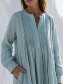 Women Premium Cotton Linen Accordion Pleated Front Maxi Dress Stand Collar Long Sleeve Pocket Contrast Hem Loose Vacation Caftan Dress ZMZ0116G5YZH