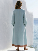 Women Premium Cotton Linen Accordion Pleated Front Maxi Dress Stand Collar Long Sleeve Pocket Contrast Hem Loose Vacation Caftan Dress ZMZ0116G5YZH