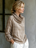 Women's Vintage Plaid Blend Long-Sleeve Top With Scrunch Neck ZMZ0256G4SWL