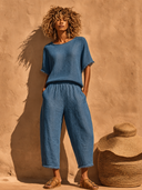 Women's Bohemian-Style Loose Linen Top And Casual Cropped Pants Set ZMZ0251G0XT