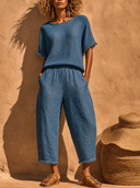 Women's Bohemian-Style Loose Linen Top And Casual Cropped Pants Set ZMZ0251G0XT