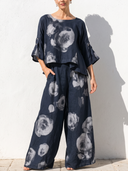 Women Faux Linen Ink Floral Rose Print 2 Piece Outfit Round Neck Roll Tab Sleeve Crop Top Wide Leg Pants Casual Matching Set ZMZ0317G5YZH