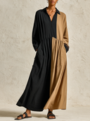 Women's Casual Color-Block Linen Long-Sleeve Maxi Dress ZMZ0288G7XT