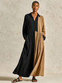 Women's Casual Color-Block Linen Long-Sleeve Maxi Dress ZMZ0288G7XT