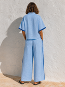 Women's linen color-blocked trimmed short-sleeved top and wide-leg pants casual two-piece set-ZMZ0228G7XT