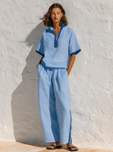 Women's linen color-blocked trimmed short-sleeved top and wide-leg pants casual two-piece set-ZMZ0228G7XT