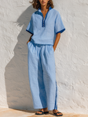 Women's linen color-blocked trimmed short-sleeved top and wide-leg pants casual two-piece set-ZMZ0228G7XT