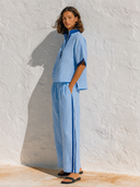 Women's linen color-blocked trimmed short-sleeved top and wide-leg pants casual two-piece set-ZMZ0228G7XT