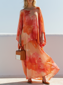 Women Polyester Blend Watercolor Floral 2 Piece Outfit Batwing Sleeve Loose Top Flowy Maxi Skirt Vacation Matching Set ZMZ0367G5YZH