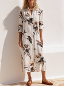 Women Faux Linen Ink Wash Floral Print Shirt Dress Collar Long Sleeve Button Down Split Side Loose Vacation Midi Tunic ZMZ0382G1YZH