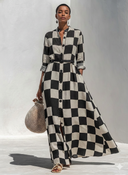 Women's Classic Vintage Black & White Check Mandarin Collar And Long Sleeves Cotton-Linen Long Dress (Belt Included) ZMZ0396G2ZYY