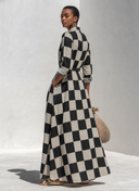 Women's Classic Vintage Black & White Check Mandarin Collar And Long Sleeves Cotton-Linen Long Dress (Belt Included) ZMZ0396G2ZYY
