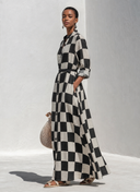 Women's Classic Vintage Black & White Check Mandarin Collar And Long Sleeves Cotton-Linen Long Dress (Belt Included) ZMZ0396G2ZYY