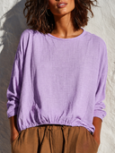 Women's Solid-Color Loose-Fit Linen-Blend Long-Sleeve T-Shirt ZMZ0232G4XT