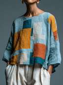 Women's Solid Color Cotton Linen Loose Geometric Print Crew Neck T-Shirt ZMZ0265G5XT