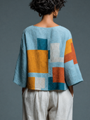 Women's Solid Color Cotton Linen Loose Geometric Print Crew Neck T-Shirt ZMZ0265G5XT