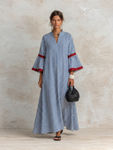 Women's Casual Resort-Style Cotton Vertical-Stripe V-Neck Flared-Sleeve Loose Maxi Dress ZMZ0323G1ZYY