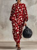 Women's Premium Vintage Cotton-Linen Printed Crew-Neck Long-Sleeve Top And Jogger Set ZMZ0302G8ZYY