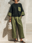 Women's Classic Vintage Cotton-Linen Patchwork Set: Long-Sleeve Crew-Neck Top And Wide-Leg Pants ZMZ0326G1ZYY