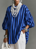 Women's French-style Elegant Blue Vertical-striped Round Neck And Lantern Sleeves Cotton and Linen Loose Shirt ZMZ0326G2ZYY