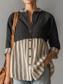 Women's Classic Casual  Vertical Stripes Cotton-Linen Blend Long-Sleeve Shirt ZMZ0344G9ZYY