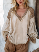 Women's Fashionable Cotton-Linen Blend Long-Sleeve V-Neck Top With Leopard Print Panel ZMZ0347G2SWL