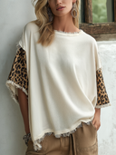 Women's Vintage Leopard Print Patchwork Raw-Edge Loose Short-Sleeve T-Shirt ZMZ0348G3SWL