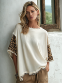 Women's Vintage Leopard Print Patchwork Raw-Edge Loose Short-Sleeve T-Shirt ZMZ0348G3SWL