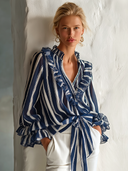 Women's Stylish Blue And White Striped Chiffon V-Neck Long-Sleeve Top With Ruffles And Tie Detail ZMZ0396G7SWL