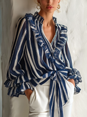 Women's Stylish Blue And White Striped Chiffon V-Neck Long-Sleeve Top With Ruffles And Tie Detail ZMZ0396G7SWL