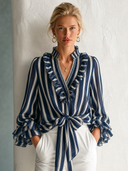 Women's Stylish Blue And White Striped Chiffon V-Neck Long-Sleeve Top With Ruffles And Tie Detail ZMZ0396G7SWL