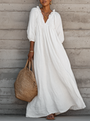 Women's Breezy Cotton-linen Maxi Dress With Lettuce-edge V-neck—perfect For Vacation ZMZ0340G0SWL