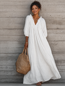 Women's Breezy Cotton-linen Maxi Dress With Lettuce-edge V-neck—perfect For Vacation ZMZ0340G0SWL