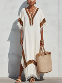 Women's Fashionable Cotton And Linen Patchwork Leopard Print Side Slit Tassel Maxi Dress ZMZ0308G8SWL