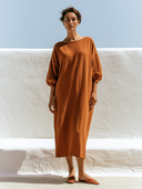Women Caramel Boat Neck Knit Midi Dress 3/4 Puff Sleeve Loose Oversized Early Autumn Casual Dress ZMZ0339G3YZH