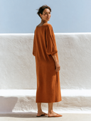 Women Caramel Boat Neck Knit Midi Dress 3/4 Puff Sleeve Loose Oversized Early Autumn Casual Dress ZMZ0339G3YZH