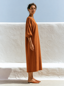 Women Caramel Boat Neck Knit Midi Dress 3/4 Puff Sleeve Loose Oversized Early Autumn Casual Dress ZMZ0339G3YZH