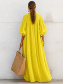 Women's Vacation-Style Flowy Lemon Yellow Cotton-Linen Oversized Shirt Dress ZMZ0350G9SWL