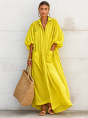 Women's Vacation-Style Flowy Lemon Yellow Cotton-Linen Oversized Shirt Dress ZMZ0350G9SWL
