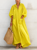 Women's Vacation-Style Flowy Lemon Yellow Cotton-Linen Oversized Shirt Dress ZMZ0350G9SWL