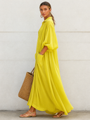Women's Vacation-Style Flowy Lemon Yellow Cotton-Linen Oversized Shirt Dress ZMZ0350G9SWL