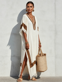 Women's Fashionable Cotton And Linen Patchwork Leopard Print Side Slit Tassel Maxi Dress ZMZ0308G8SWL
