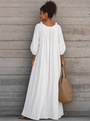 Women's Breezy Cotton-linen Maxi Dress With Lettuce-edge V-neck—perfect For Vacation ZMZ0340G0SWL