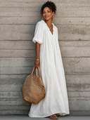 Women's Breezy Cotton-linen Maxi Dress With Lettuce-edge V-neck—perfect For Vacation ZMZ0340G0SWL