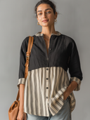 Women's Classic Casual  Vertical Stripes Cotton-Linen Blend Long-Sleeve Shirt ZMZ0344G9ZYY